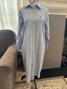Ralph Lauren Light Blue & White Striped Button-Front Shirt Dress with Red Pony